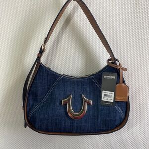 True Religion Dark Blue Denim Shoulder Bag with Brown Trim